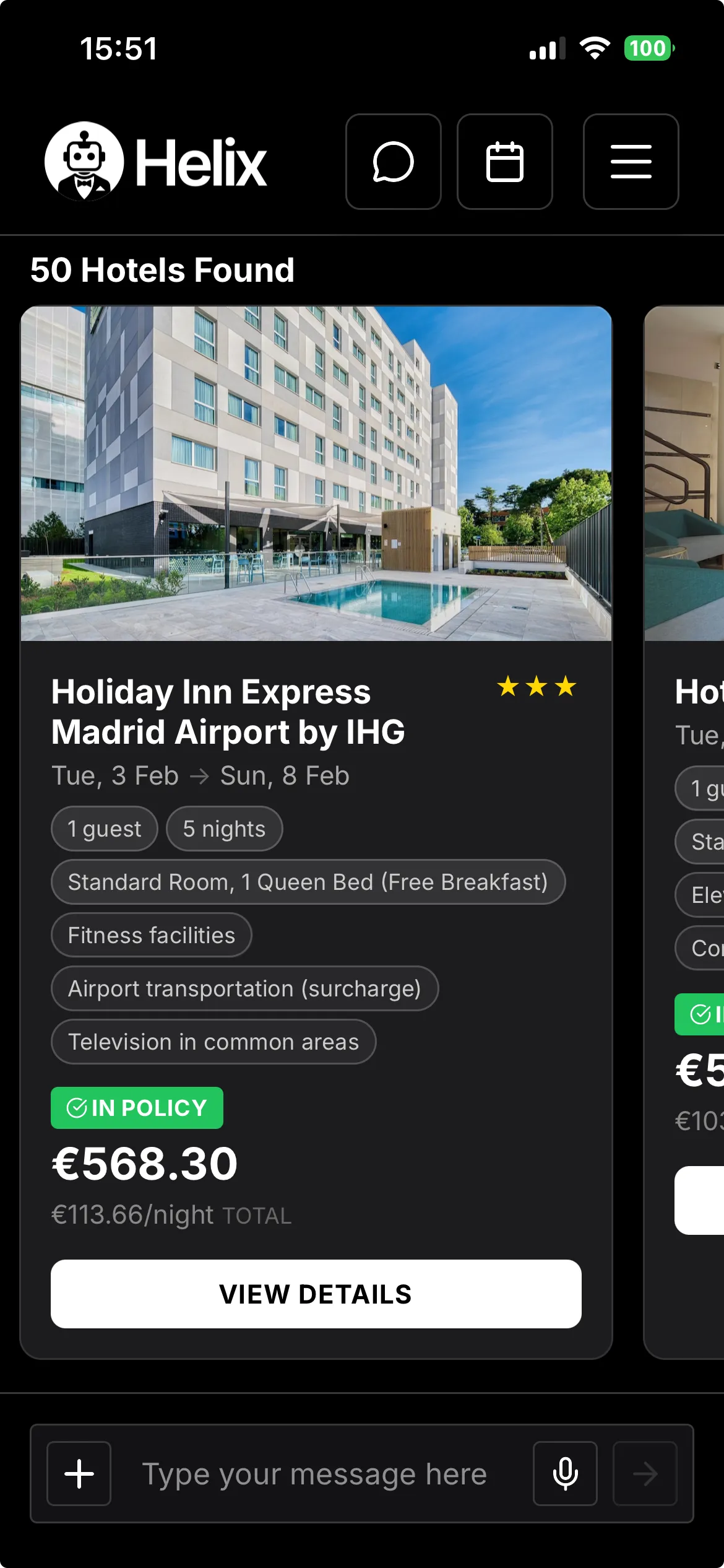 Helix AI showing hotel search results