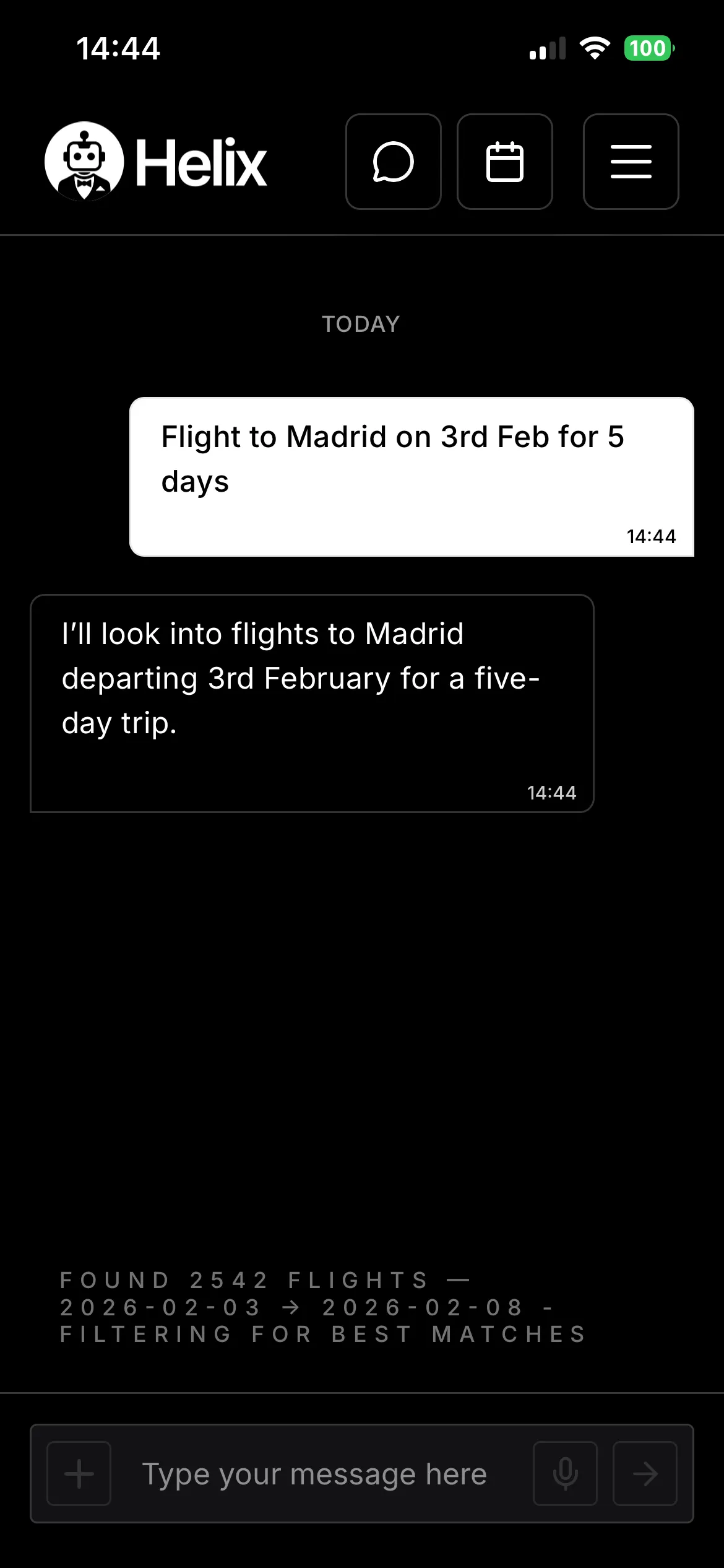 Helix AI booking assistant showing a flight search to Madrid