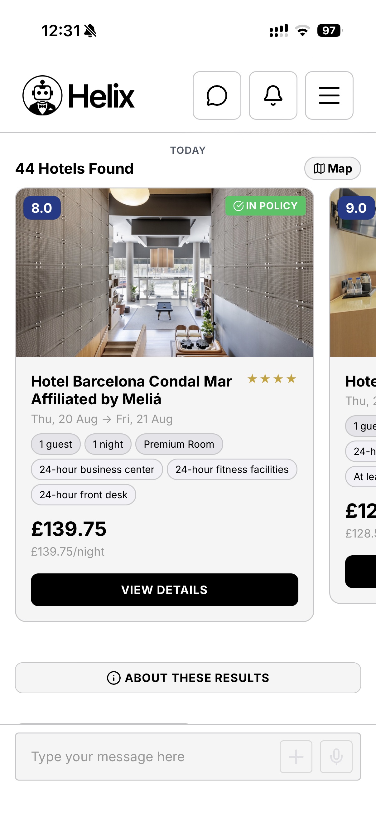 Helix app – 44 hotels found in Barcelona, policy-filtered with pricing