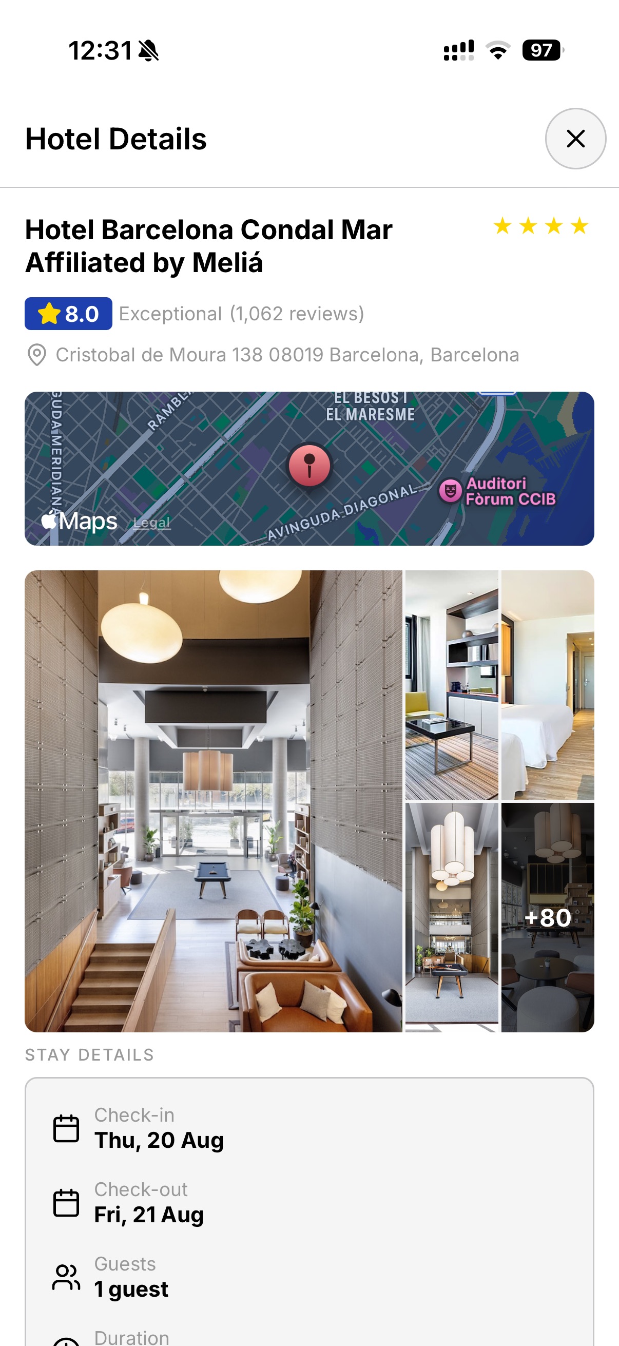 Helix app – Hotel Barcelona Condal Mar detail view with map and photos