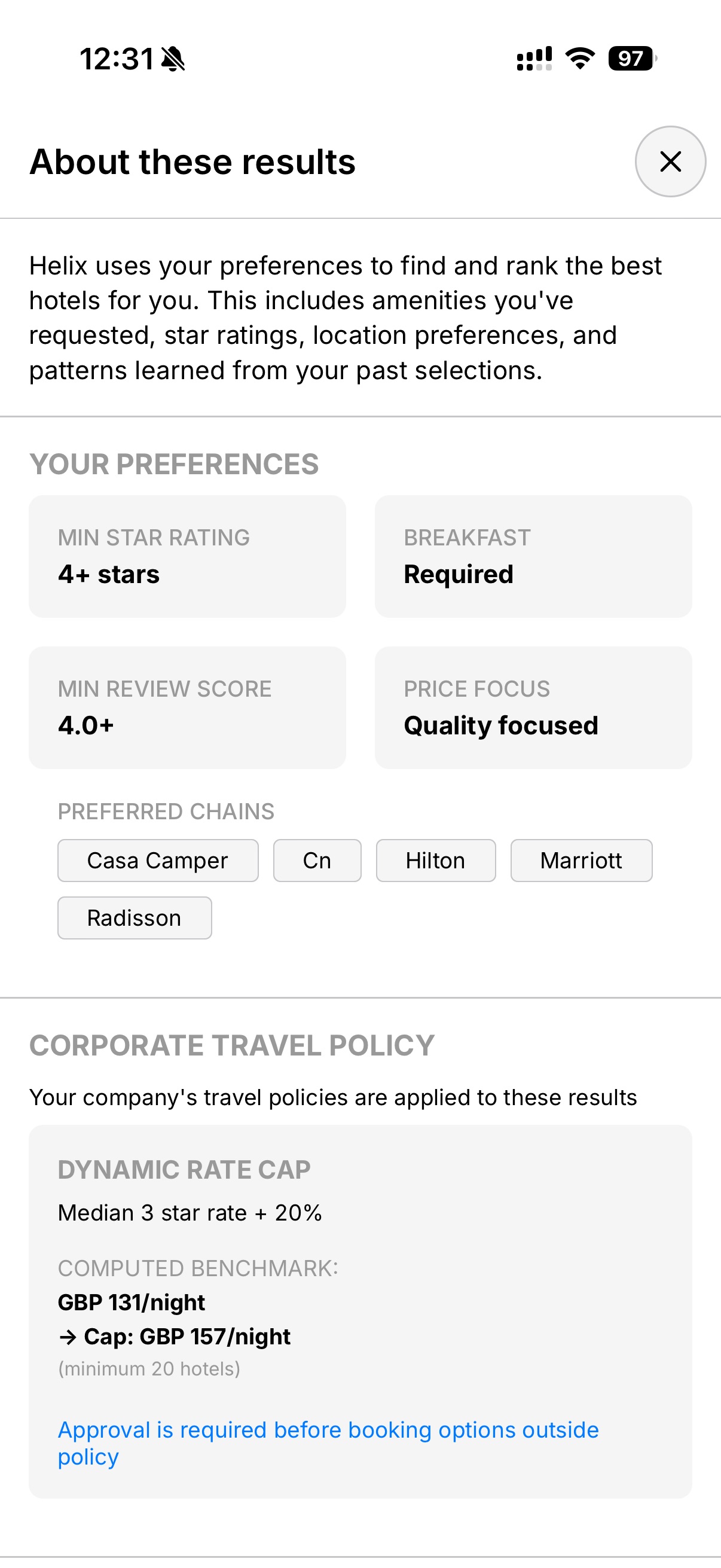 Helix app – user preferences and corporate travel policy panel