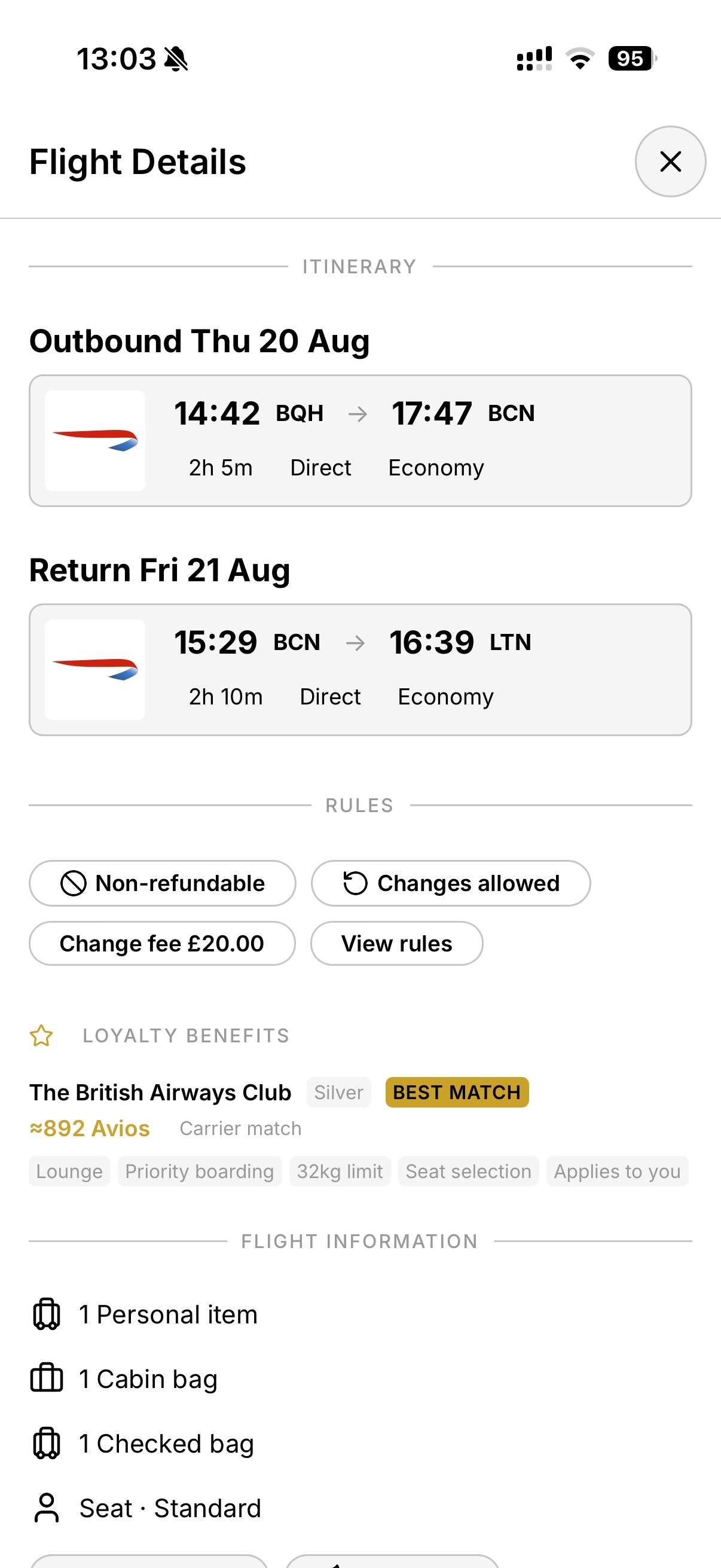 Helix app – flight detail with itinerary, rules and loyalty benefits