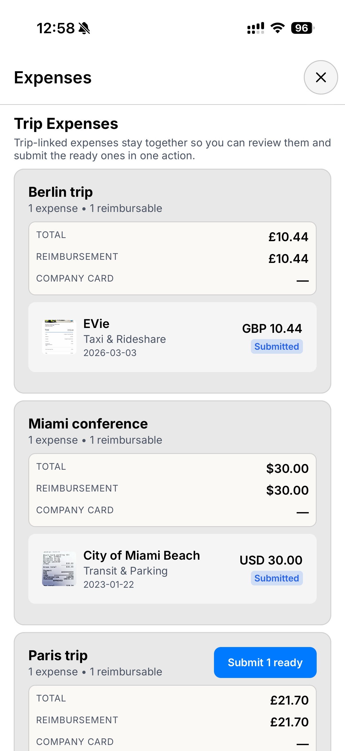 Helix app – trip expenses view showing Berlin, Miami and Paris trips