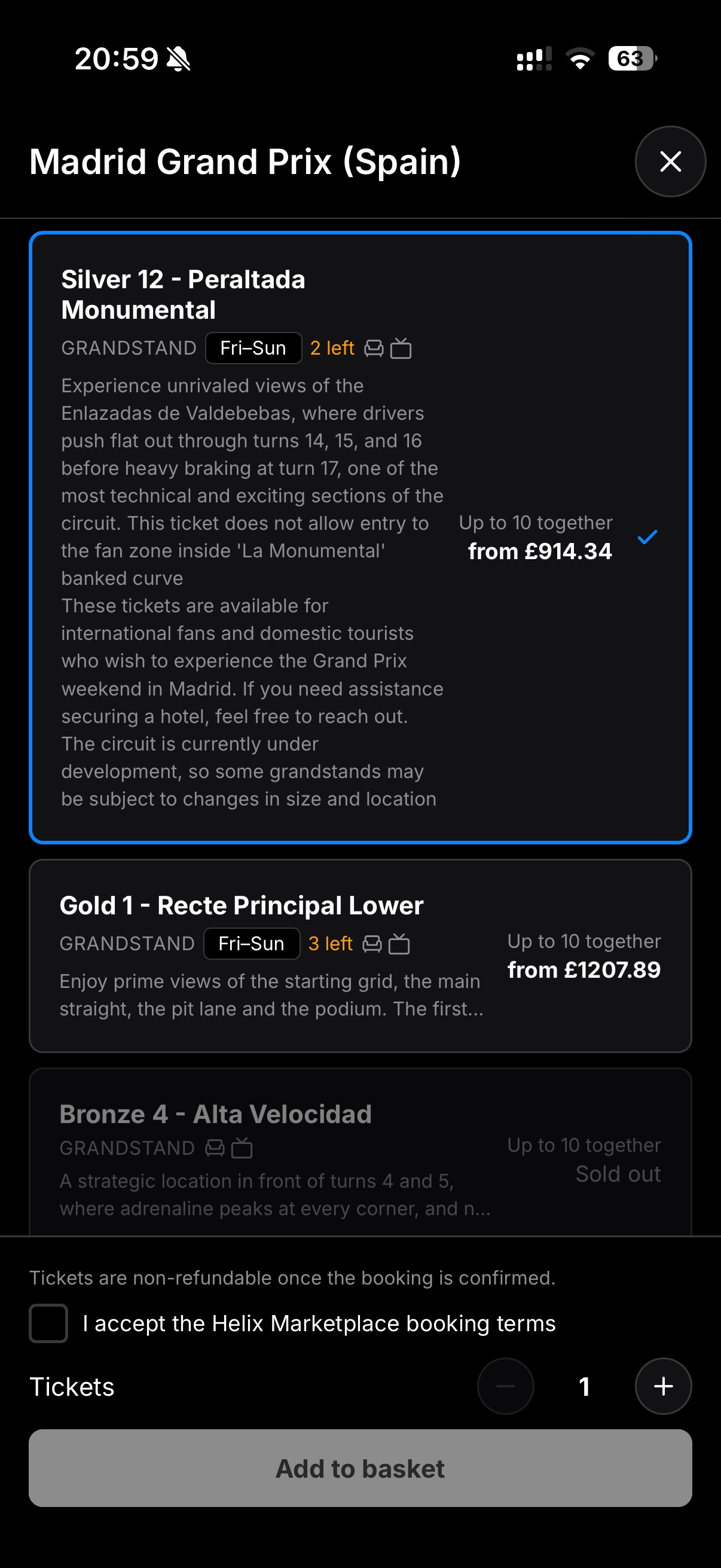 Helix Black app – Madrid Grand Prix ticket selection