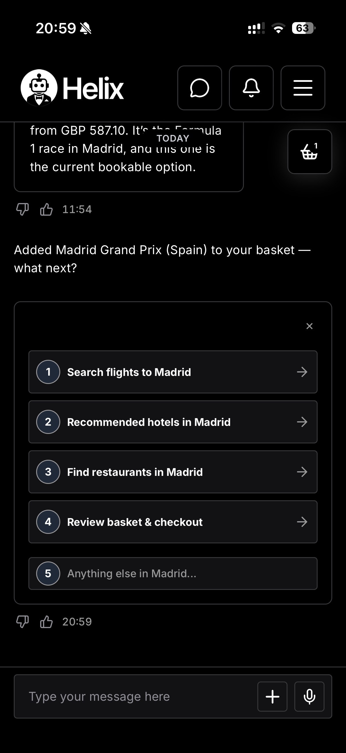 Helix Black app – Madrid Grand Prix added to the member's basket with next-step suggestions