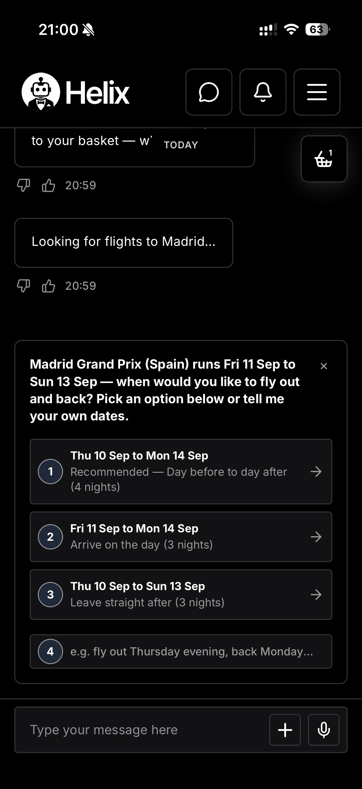 Helix Black app – flight date options for the Madrid Grand Prix