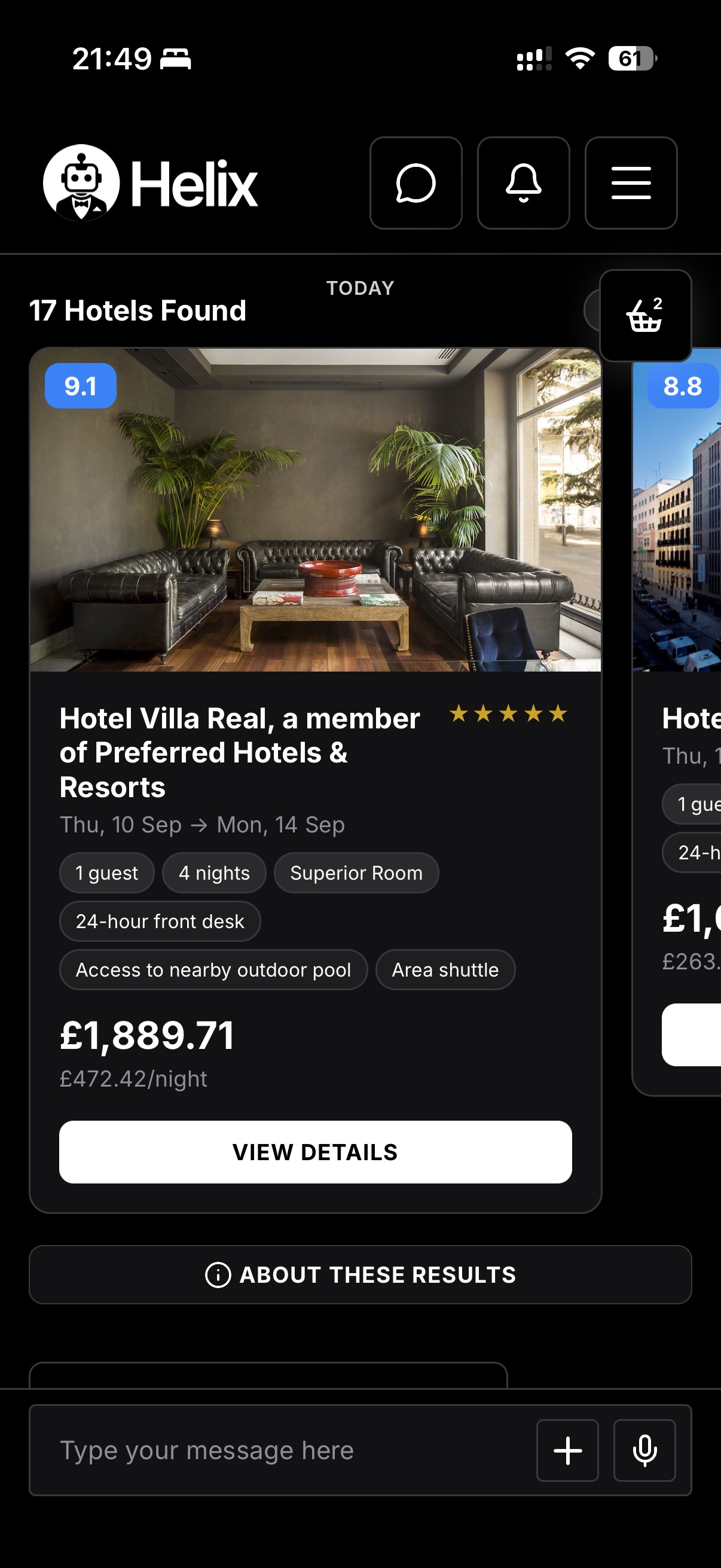 Helix Black app – hotel results in Madrid