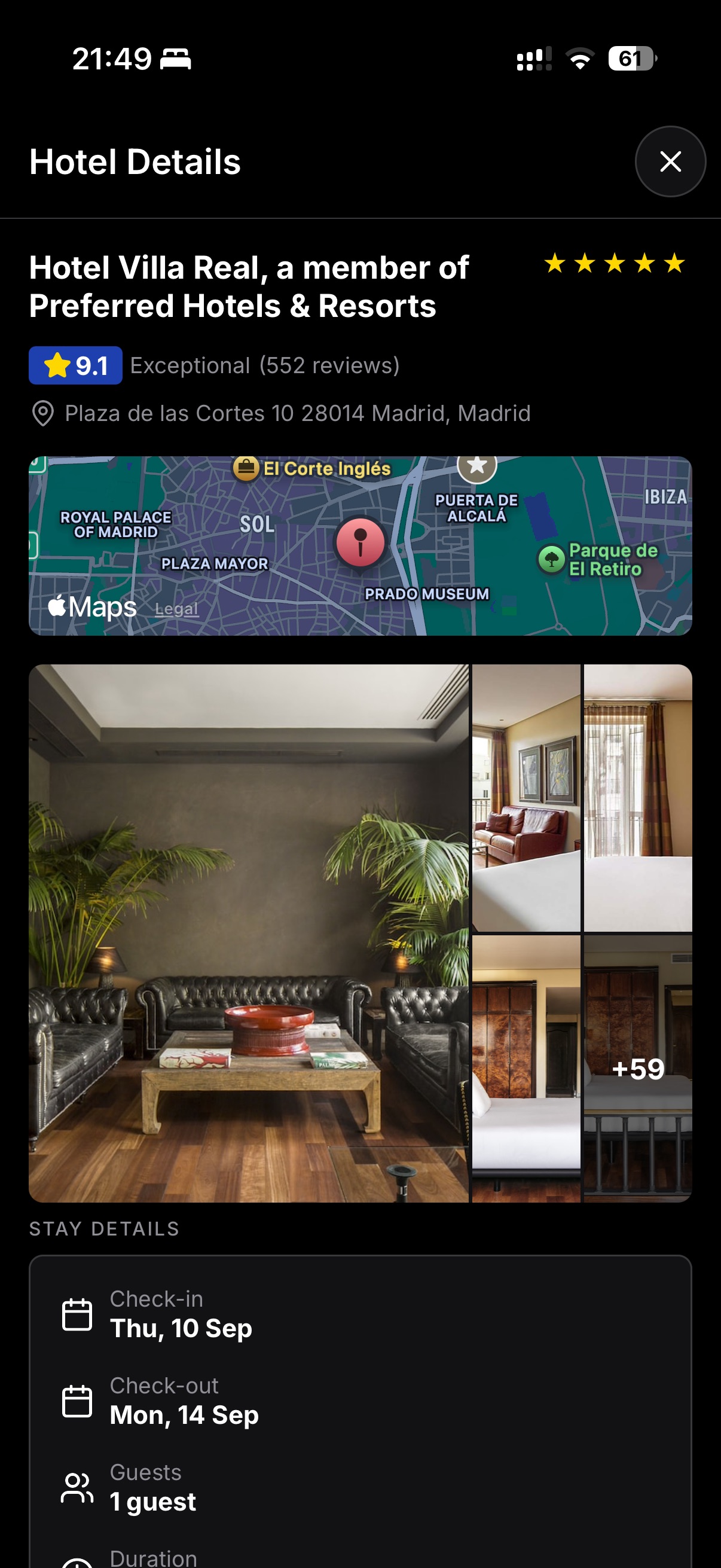 Helix Black app – detailed view of Hotel Villa Real in Madrid