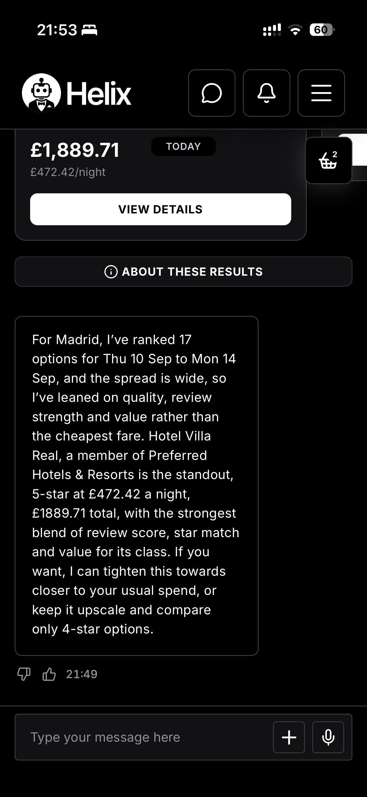 Helix Black app – Helix explains why Hotel Villa Real is the recommended Madrid stay