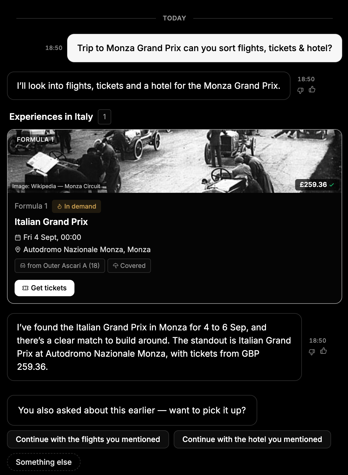 Helix Black chat: a member asks for flights, tickets and a hotel for the Monza Grand Prix, and Helix returns the Italian Grand Prix with tickets from £259