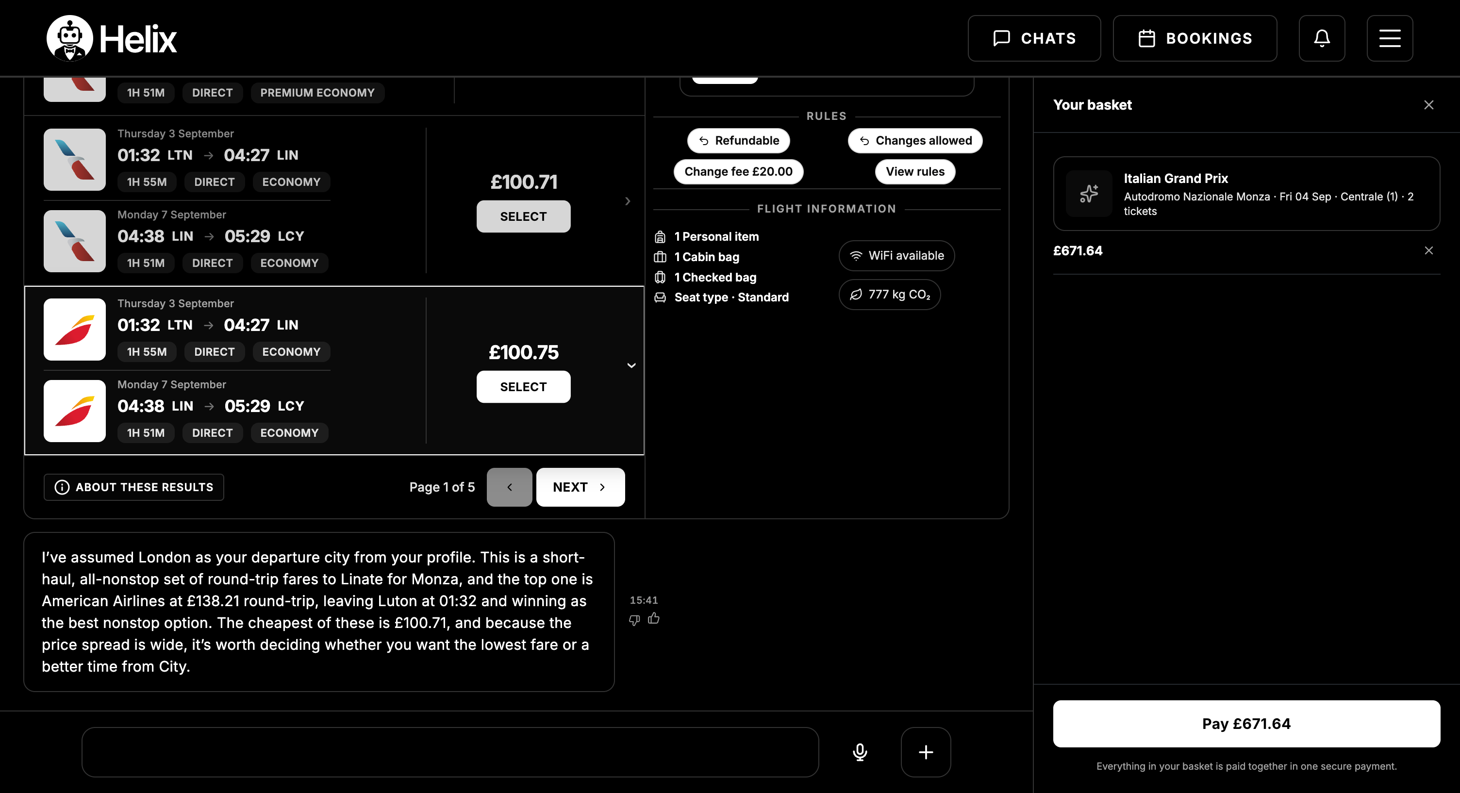 Helix Black – flight search results for Monza with basket