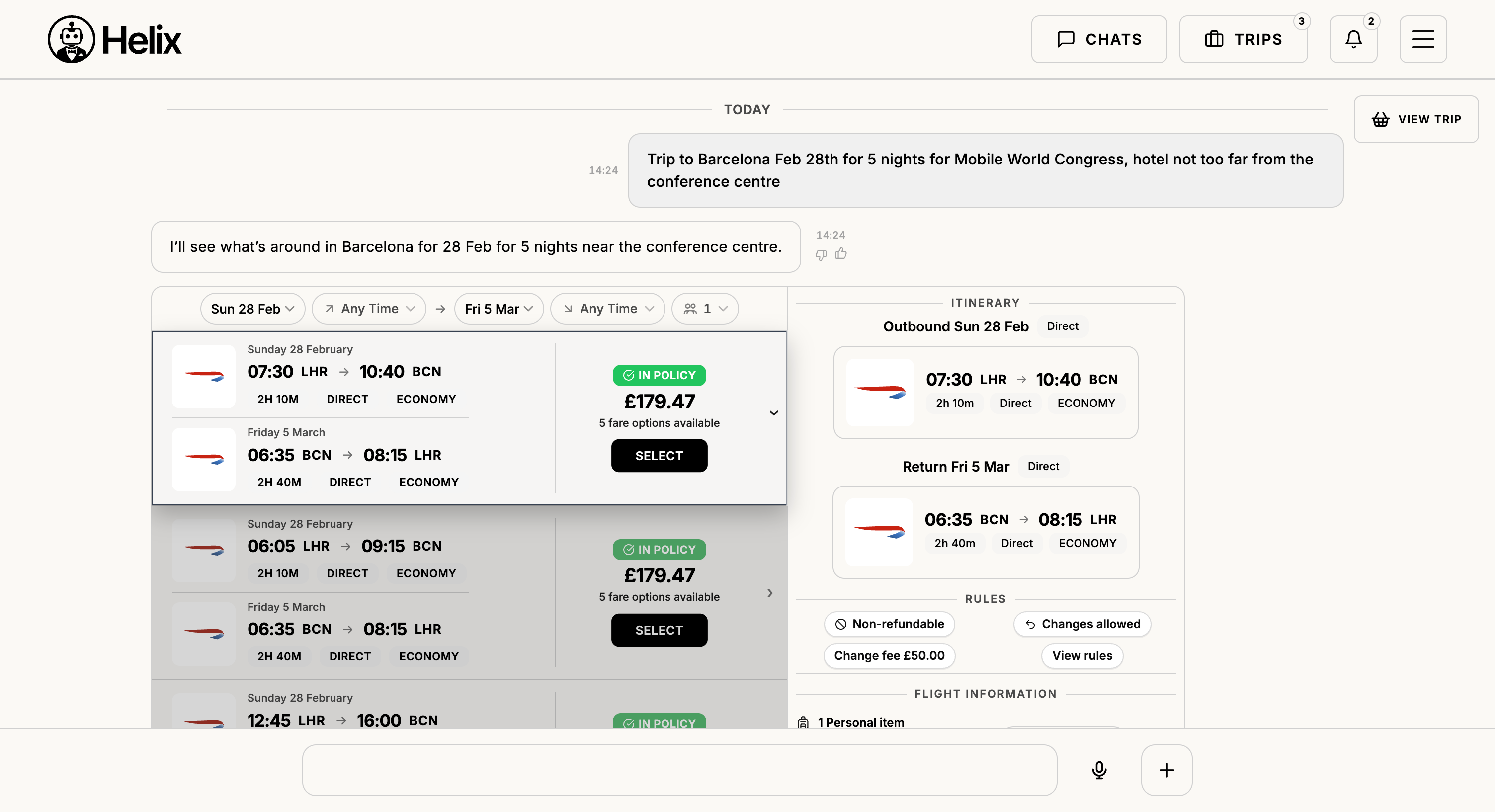 Helix Business – flight search results for Barcelona with in-policy fares
