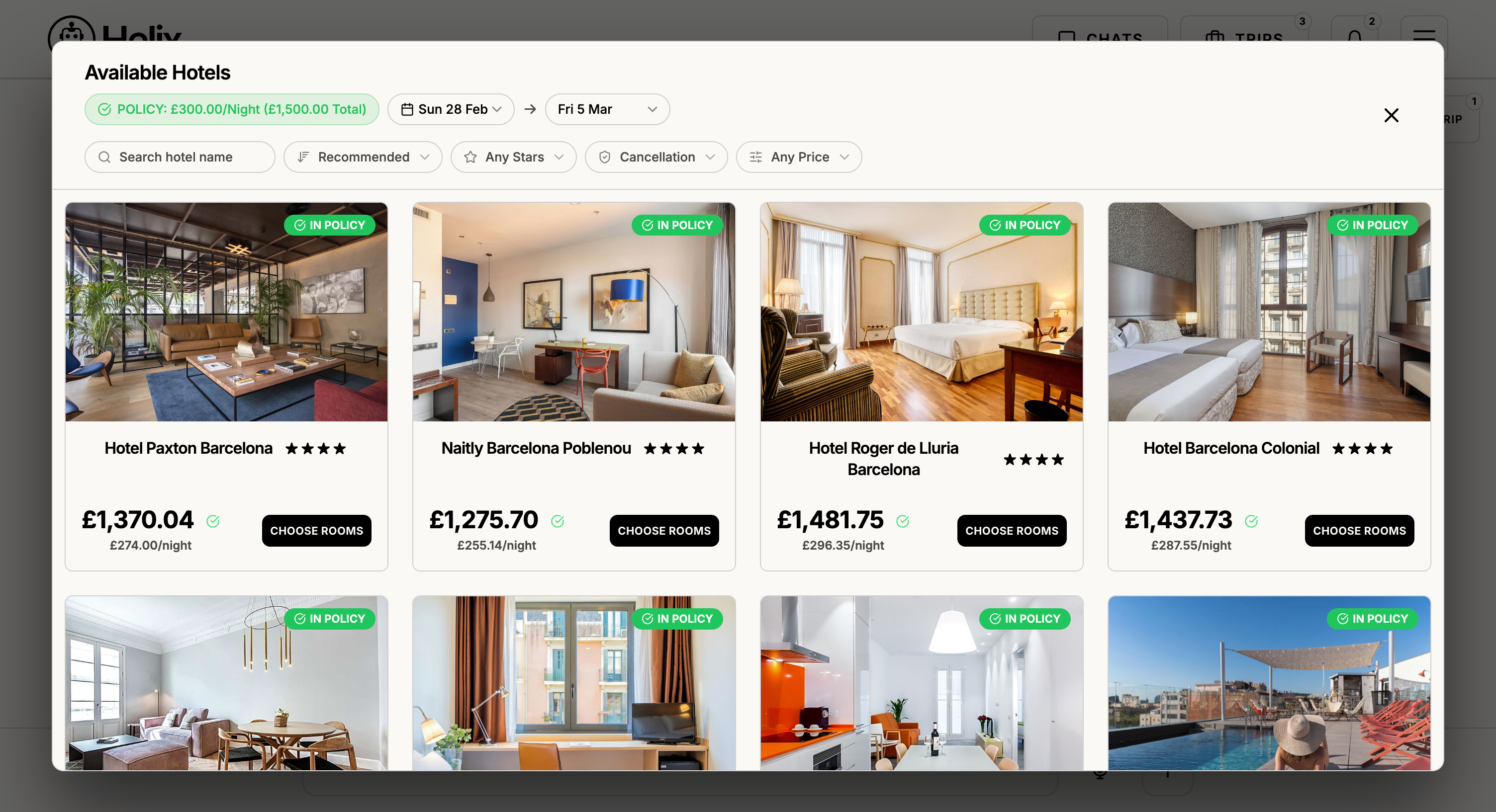 Helix Business – hotel booking flow