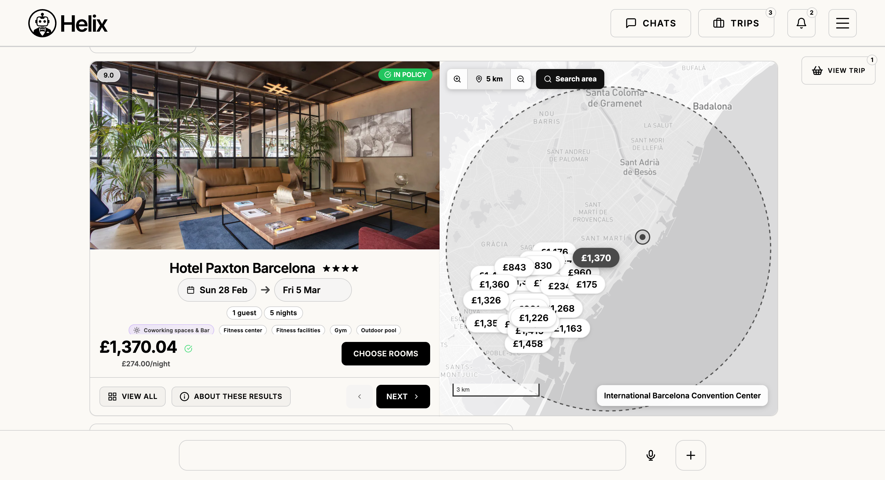 Helix Business – hotel detail with map and rate selection