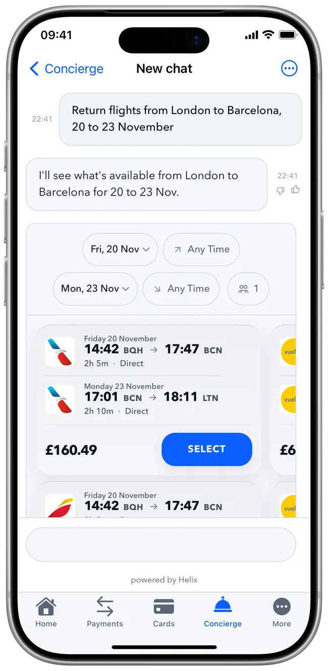 Flight search inside the example app: London to Barcelona, with a fare ready to select. Powered by Helix.