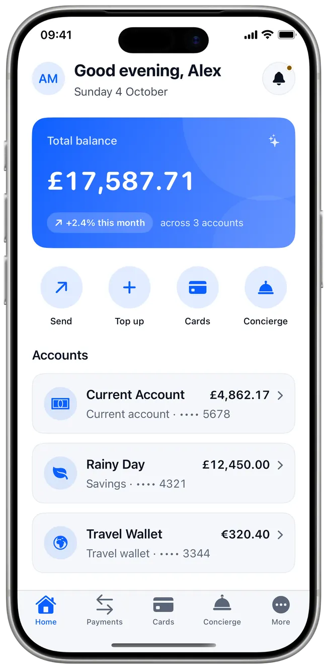 Example banking app home screen, with Concierge in the tab bar next to payments and cards