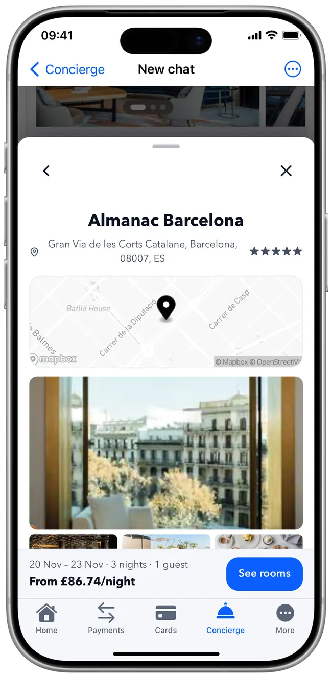 Hotel detail for Almanac Barcelona inside the same app, with map, photos and a nightly rate